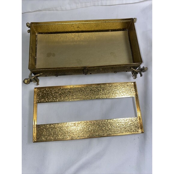 Vintage Gold Metal Brass floral Filigree cherub Angel Regency Tissue Box Holder - Picture 3 of 16